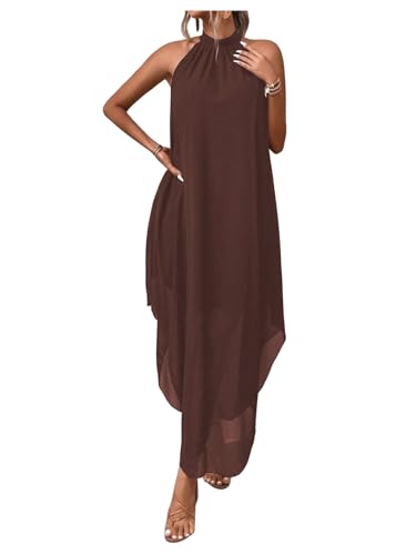 Verdusa Women's Wedding Guest Dress Halter Flowy Chiffon Asymmetrical Long Summer Prom Dress Brown Large