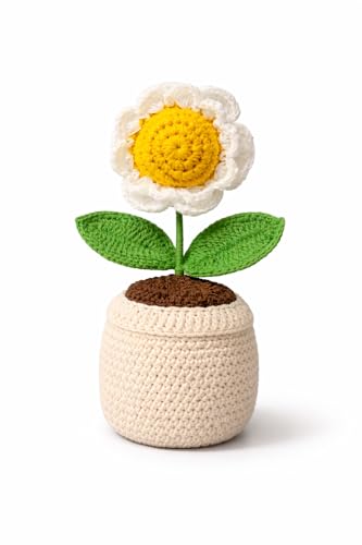 Image of Handmade Crochet Sunflower Pot - Eco-Friendly Knitted Flower Plant, Perfect Decorative Piece for Home, Office Table & Gifting Purpose (Red)