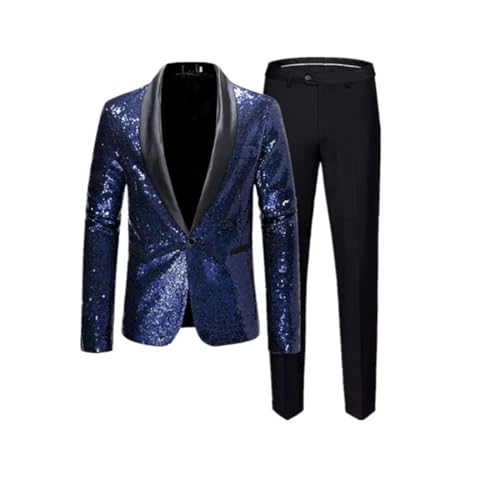 Men Sequins Suit 2 Piece Comfortable Breathable Business Social Dance Party Dress Blazer Pants B L