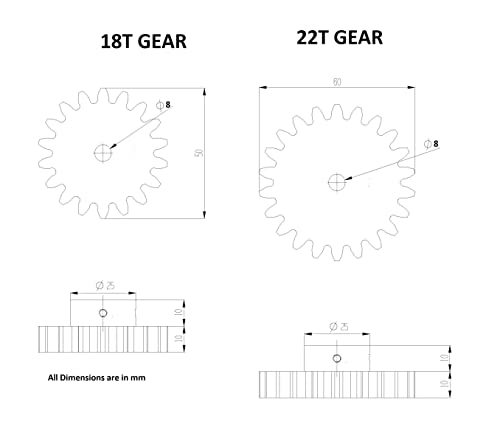Image of INVENTO 1pcs 3D Printed Plastic Spur Gear 18 Teeth (50mm dia) + 22 Teeth (60mm dia), 10mm Width, 8mm hole, 2.5 Module for DIY Projects