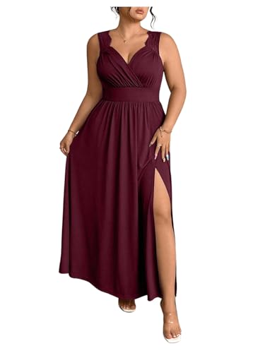 OYOANGLE Women's Plus Size Lace Trim Sleeveless Maxi Dress Wrap V Neck High Slit Formal Evening Dresses Burgundy XX-Large Plus