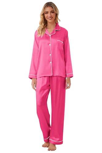 Image of Schbbbta Girls & Women Satin Pajamas Set, 2Piece Silk Nightwear Button-Down Sleepwear for Teen Kids, 3 Years - Women XXL