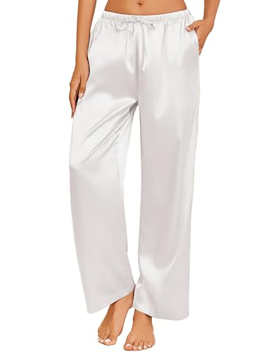 Image of Ekouaer Womens Silk Satin Pajama Lounge Pants Sleep Pj Bottoms with Pockets | Silky,Loose Wide Leg,Drawstring Elastic Waist,Casual,Loose,Elegant
