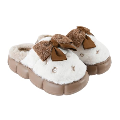 HELEEY Ultra Cozy Warm Slippers, Soft Faux Fur Closed Toe Indoor Clogs for Men & Women, Comfortable Winter Home Shoes (Ribbon - Brown, 38 to 39, UK Footwear Size System, Adult, Women, Numeric Range, Medium, 5, 6)