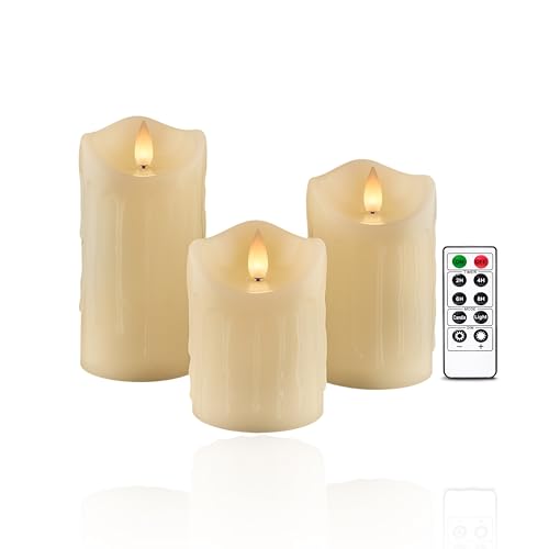 Image of Flameless Pillar Candles Flickering with Remote Timer, Battery Operated LED Candles Up to 400 Hours, 3D Moving Flame Real Wax Candles. (Ivory with Teardrop)