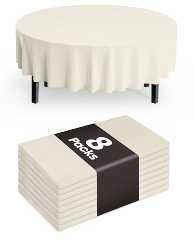 Image of Pureegg Plastic Table Cloth Disposable 8 Pack, 84'' Round Table Cloths, Party, Wedding, Thanksgiving Decorations, Fall Tablecloths, Round, Beige Plastic Cover, Leakproof & Sturdy, Cream, Ivory