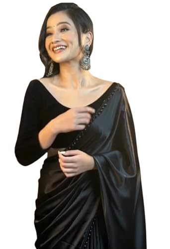 SATAZ Women's Ready to Wear Black Satin Silk 1 Minute Pre Pleated Heavy Saree With Hand Work Lace