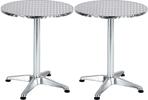BTEXPERT Mesa de restaurante para interiores y exteriores de 23.75 pulgadas para patio, muebles de aluminio plateado de acero inoxidable con base, 23.75 pulgadas redonda x 27.75 pulgadas de altura