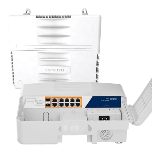 CONETCH Gigabit Outdoor PoE Switch 12 Port | 6 GE PoE+ 2GE PoE BT 60W 2 GE Uplink 2 SFP 120W Total | IP65 6KV Lightning Watchdog | Large Internal Space for Media Converter &Cable