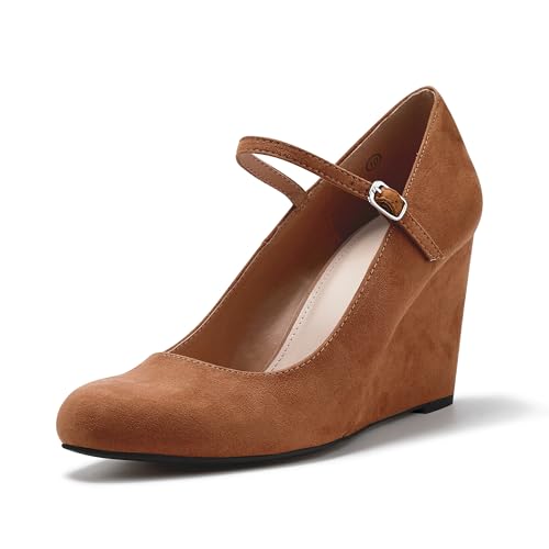 Image of Coutgo Womens Wedge Pumps Dressy Mary Jane Shoes Comfort Wedges Closed Toe Ankle Strap Heeled Shoes