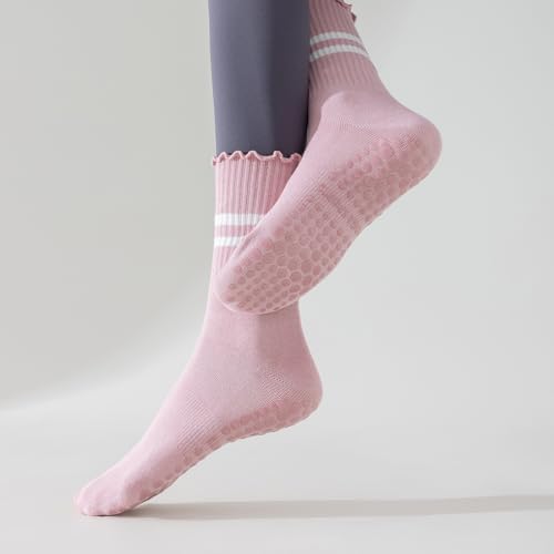 3 Pairs Pilates Socks With Grips for Women Non Slip Grip Ruffle Yoga Grippy Socks4
