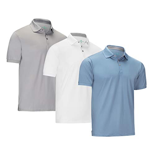 Mio Marino Golf Polo Shirts for Men - Dry Fit - Ultra-Light Fabric - 3 Pack - Denim Blue,Gray,White - Large