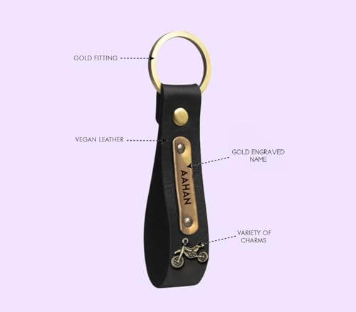Image of Men's Leather Keychain Name Leather Keychain for Mens | Personalized with Name Printed Customized for Men | Customised Gift Set for Men with Charm Black