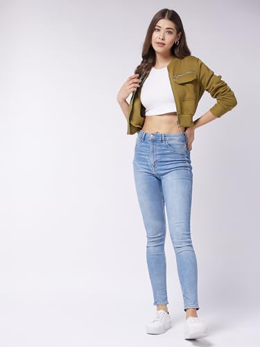 Image of Miss Chase Women's Off White V-Neck Full Sleeves Bomber Cropped Jacket