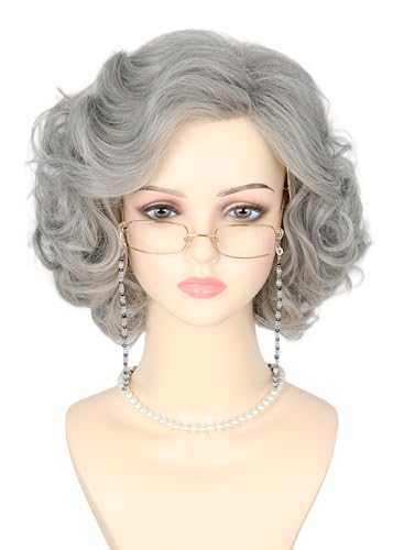LeMarnia 5Piece Old Lady Costume Wig Grey Short Curly Layered Wig for Cosplay Party Halloween Costume