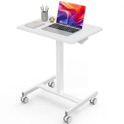 Image of DUMOS Mobile Rolling Desk with Wheels Adjustable Height | Small Standing Desks Portable Laptop PC Table, Computer Workstation for Home Office Small Space, All White