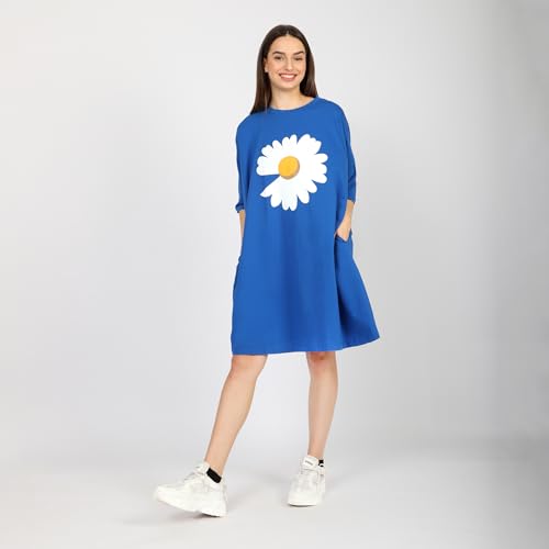 Image of LAMA STORE Women's Printed Oversized T-Shirt Dress, Cotton, 3 /4 Sleeve Length, Casual Loose Fit, Comfort Wear Extra Comfy Oversized Printed Pocket T-Shirt Dress