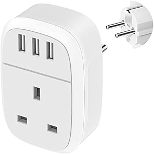 UK to European Adapter Plug, UK to EU Euro Europe Travel Adaptor with 3 USB Port, Grounded Schuko Charger for Germany France Spain Iceland Greece Poland Netherlands Austria Turkey (Type E/F) Jmfufnv