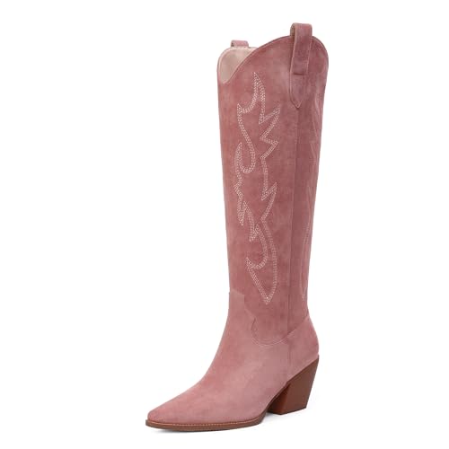 Image of iiimmu Cowgirl Boots Women Knee High Boots Pointed Toe and Block Heel Cowboy Suede and Faux Leather Boots with Embroidered