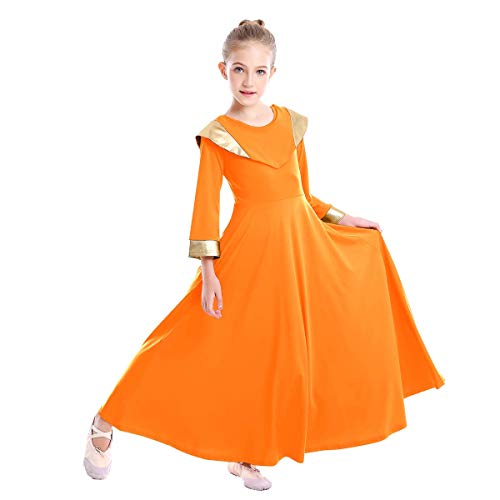 Girls V Shawl Cape Collar Praise Dance Dress Metallic Bi Color Bell Long Sleeve Liturgical Worship Costume Church Robe Easter Outfit Christmas Performance Dresses Orange + Gold 3-4 Years