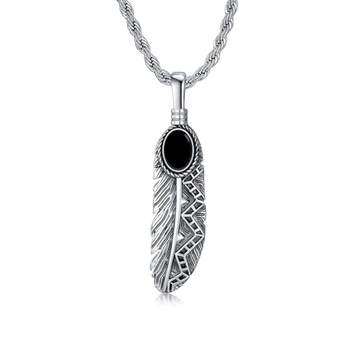 Feather Necklace with Turquoise/Black Onyx in 925 Sterling Silver Indian Feather Pendant for Men Women