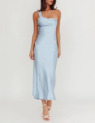 Image of 2026 Satin One Shoulder Maxi Dress for Women Summer Silk Formal Elegant Backless Ruffle Sleeveless Wedding Guest Dresses