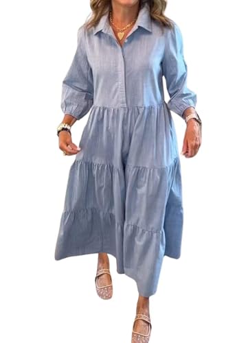 Image of chouyatou Women's Loose Fit Puff Sleeve Maxi Tiered Babydoll Dress V-Neck Cotton Long Button Down Dress