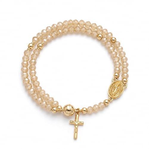 Roe Dolph Rosary Bracelet for Women Catholic Gold Cross Charm Bracelets Khaki Beaded Faith Jewelry Religious Gift for Mom Wife Sister Friend Easter Confirmation