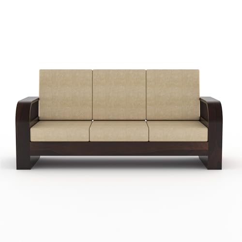 Image of Wooden 4 Seater Sofa Set with 40 Density Cushion for Living Room, Four Seater Sofa for Office & Lounge, 3+1 Seater Sofa Sets for Home, Sheesham Wood (Walnut,Cream)
