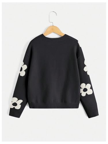Image of BEAUDRM Girl's Cute Bow Sweater Crew Neck Long Sleeve Drop Shoulder Loose Pullover Tops