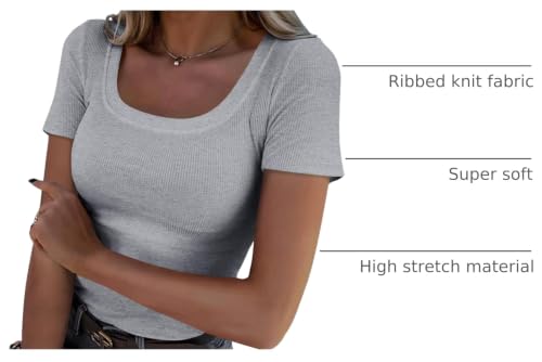 Image of Roselux Women's Summer Scoop Neck Short Sleeve T-Shirts Ribbed Knit Slim Fitted Casual Basic Top