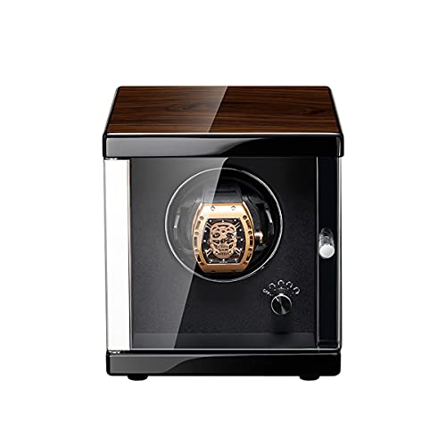 FENOKD Watch Display Box Automatic Single Watch Winder, in Wood Shell and Black Leather, Acrylic Glass, Extremely Silent Motor and Anti- Magnetic Design