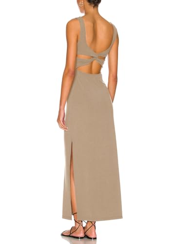 Image of Women Backless Bodycon Maxi Dress High Side Slit Twist Back Tank Dress | Criss Cross Twist Back Clubwear Scoop Neck Evening Party Dress Casual Vacation Beach Sundress Sleeveless Slit Prom Gown