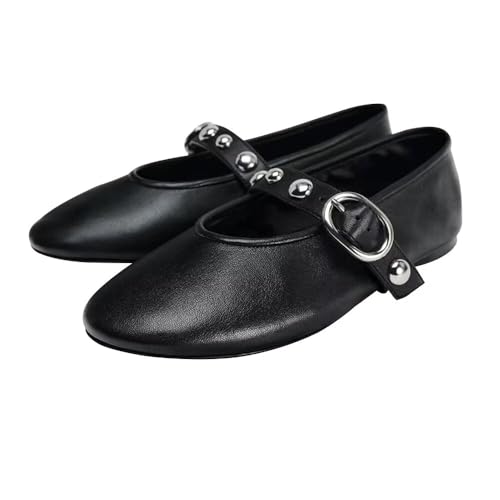 ChaiRong Zhou Women Rivet Mary Jane Flats Pu Leather Shoes Buckle Straps Round Toe Casual Ballet Party Dress Shoes