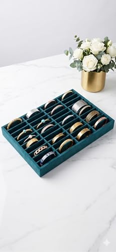 Image of Luxury Velvet Jewelry Organizer Tray for Watch Sunglasses Bangles Earrings Rings Chains Necklace & Others Storage Display Tray (Green, 40 Grid)