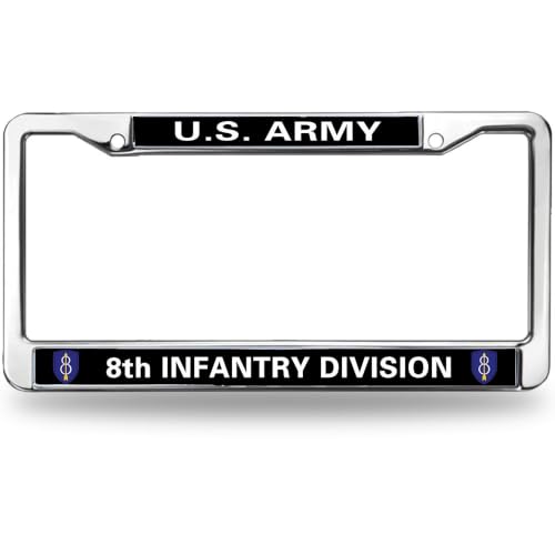 Image of US Army 8th Infantry Division License Plate Frame Metal Auto Tag Holder | US Army 8th Infantry Division License Plate Frame Chrome Metal Car Tag Cover Fit Standard US Auto Trucks Exterior Hardware
