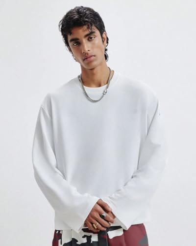 Image of Full Sleeve White & Black Cotton Oversized Solid Men's T-Shirt | Crew Neck Relaxed Fit Long Sleeve Tee | Breathable Winter Layering Essential | Sizes S to XL | TS115-BLK-S
