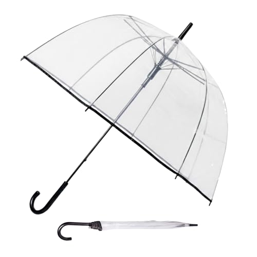 SALTEASY Clear Transparent Dome Umbrella with Black Border Design Large Rain Umbrella with Hook Handle Wedding Walking Party Use Ladies Mens Parasol Brolly