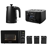 Salter COMBO-8857 Kuro Kettle Toaster Microwave Set – With Storage Canisters, Tea/Coffee/Sugar Tins, 1.7L Fast Boil Kettle, 4-Slice Toaster, Freestanding 20L LED Digital Microwave Oven, Black