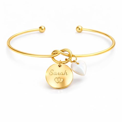 creabibenval Bracelet Personnalisé Femme Prénom Gravé – Bracelet Jonc Acier Inoxydable Or, Argent ou Or Rose – Médaille Gravée avec Pendentif Nacre...