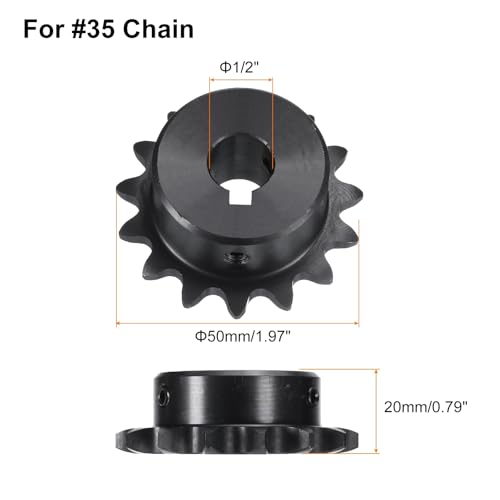Image of uxcell #35 Chain Roller Sprocket B Type, 1 /2 inch Bore 15 Tooth Single Strand Chain Sprocket, Carbon Steel, Keyway with Set Screws