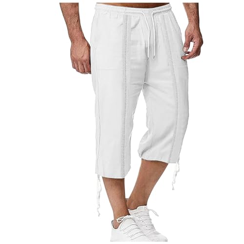 Pants for Men Summer Fashion Workout Capri Pants Mens Cotton Linen Cropped Trousers Drawstring Elastic Waisted Jogger