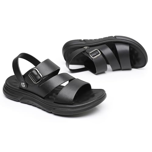 Finishing & Sewing Men's Leather Comfort Beach Sandals with Adjustable Buckle Strap4