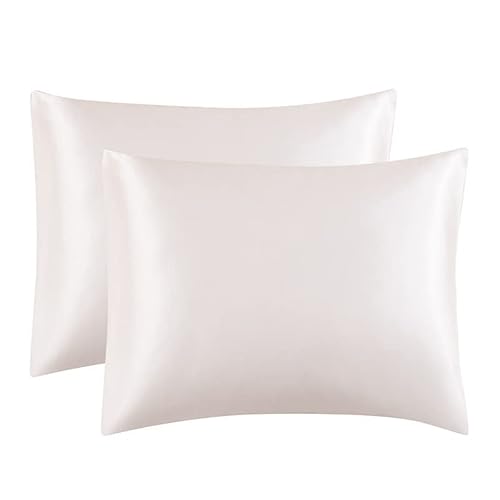 Taie d'oreiller Satin Lot de 2 Lisse Elégant Housse Oreiller Carré Confort Soyeux Peau Frais Eté Fermeture Eclair Maison Hôtel (50_x_70_cm, Blanc) Cover