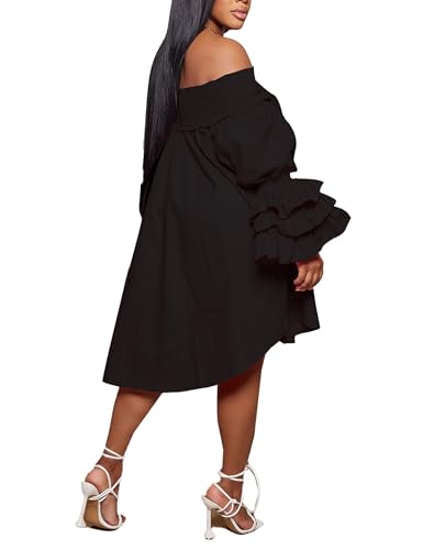 Image of WOKANSE Party Dresses for Women Off Shoulder Layered Flare Sleeve A line Ruched Plus Size Midi Summer Dress