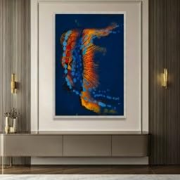 Tableau abstrait sur toile bleu orange grand format 60x90 décoration murale