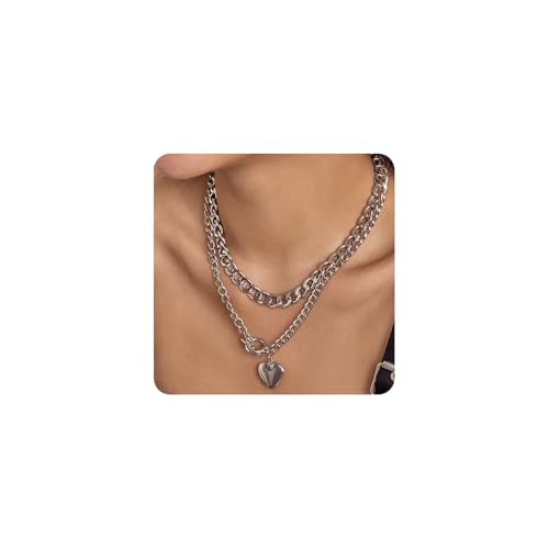 Rumtock Chunky Chain Silver Necklace with Puff Heart Pendant Double
