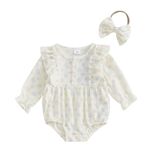 YINGISFITM Newborn Baby Girl Clothes Ruffle Bow Print Long Sleeve Bubble Romper Infant Bodysuit Fall Cute Outfits (Blue-Bow Romper, 3-6 Months)