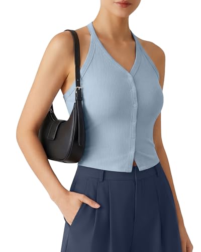 Image of G4Free Backless Halter Tops for Women Going Out Camisole Ribbed Slim Fit Cami Tank Top (Blue Willow,M)