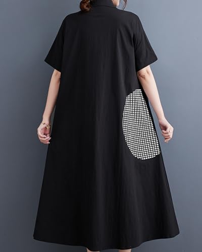Image of ellazhu Women's Short Sleeves Button Down Patchwork Pattern Print Shirt Dress GZ151